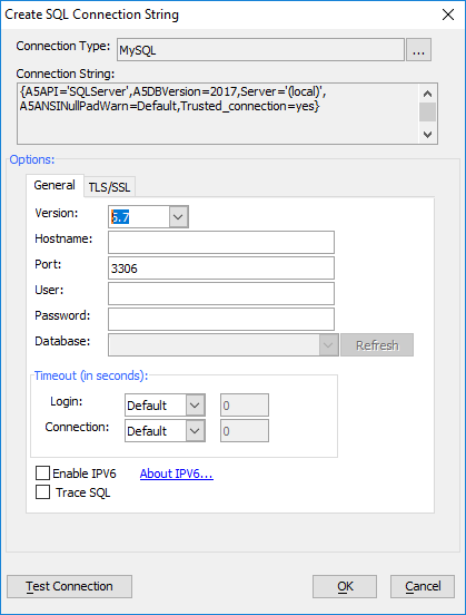The Create SQL Connection String dialog Options for a "MySQL" Connection Type.